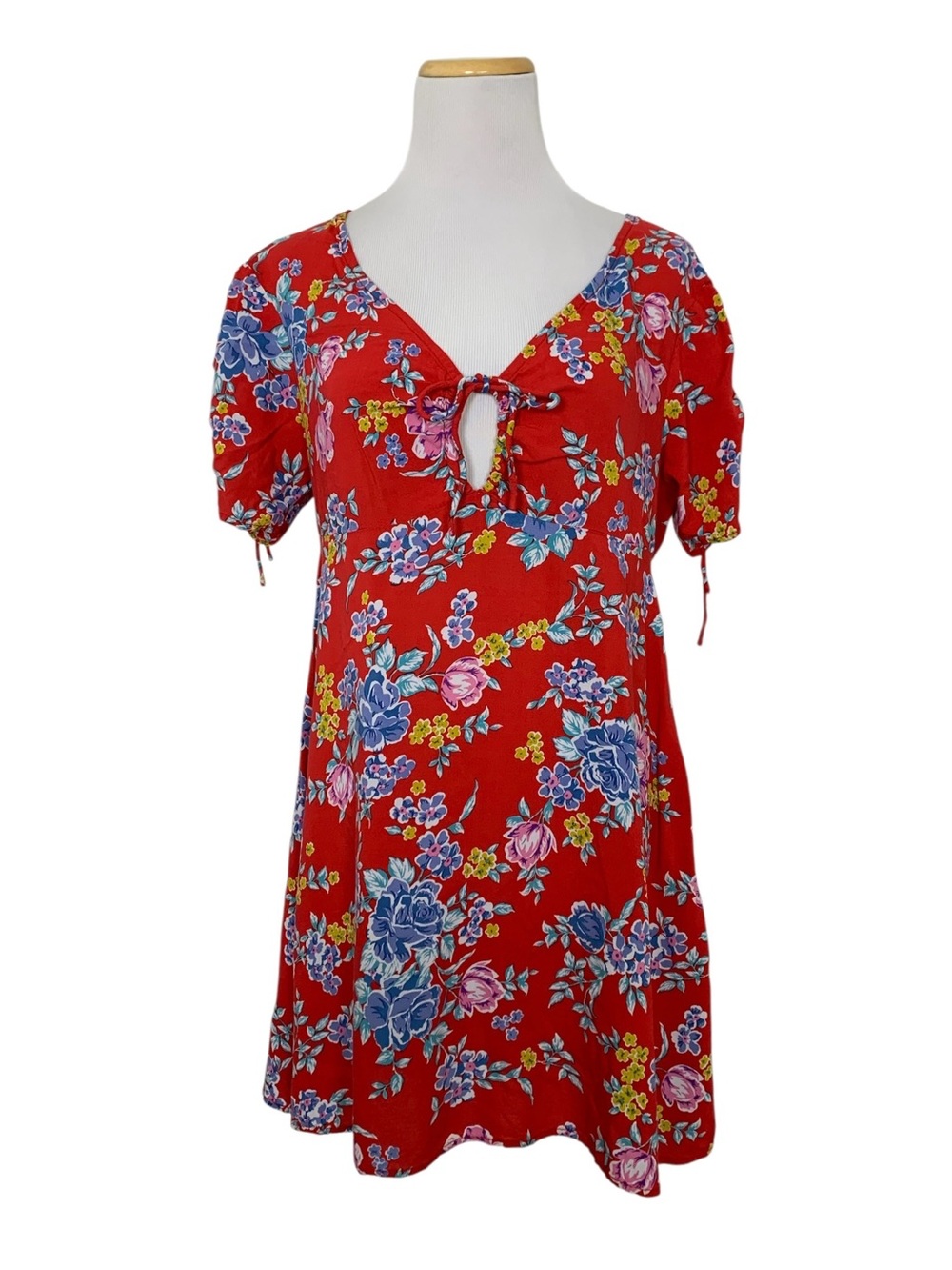 Motel Floral Dress Keyhole Empire Waist Women’s L Coquette Cottage Red Sundress
